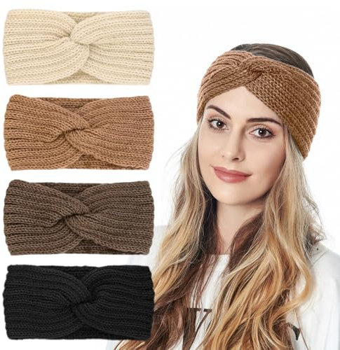 SYEYCW Lot de 4 bandeaux d'hiver pour femmes, bandeaux tricotés pour cheveux de femme, turban en tricot au crochet, cache-oreilles d'hiver, bandeau épais pour activités de plein air ou vie quotidienne