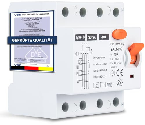 Disjoncteur différentiel FI type B 40 A 30 mA 4 pôles, RCD sensible au courant alternatif pour Wallbox et station de charge, disjoncteur différentiel avec certification VDE, montage sur rail DIN