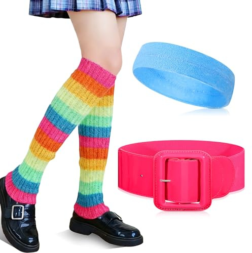Neon Schweißbänder Set, 80er 90er Jahre Outfit Damen, Neon Stulpen & Breiter Gürtel, Retro Aerobic Zubehör, Stirnband Neonfarbig für Karneval & Party Kostüm