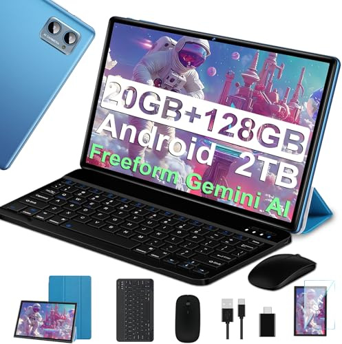2026 Tablet 10 Zoll Android Octa Core mit 20 GB RAM + 128 GB ROM (2 TB TF) | 5G + 2,4 G WiFi | FHD | GMS | Bluetooth 5.0 | 8 MP + 5 MP | Typ C, Tablet mit Touch, Gehäuse, Tastatur und Maus - Blau