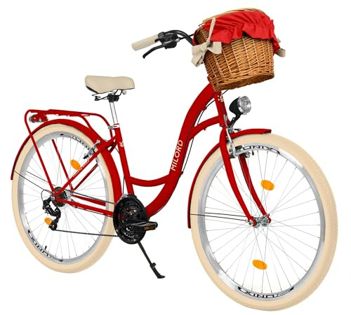 MILORD Damenfahrrad Citybike Komfort Mit Weidenkorb Hollandrad Vintage Fahrrad, 26, 28 Zoll, 21-Gang