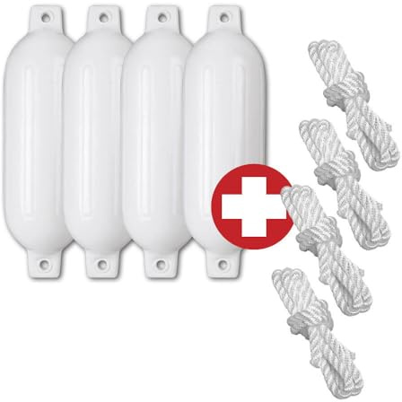 Compass 4-er Set Fender Bootsfender mit 4 Fenderleinen weiß, Größe L (58 cm Länge, 18 cm Durchmesser)