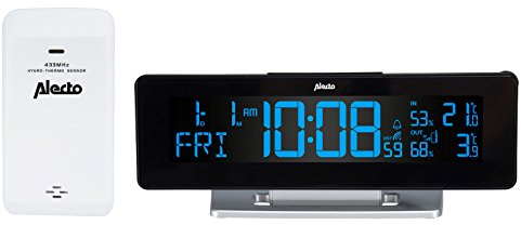 Alecto WS-2500 Wetterstation Funk mit Außensensor - Funkwetterstation - großes Display - Temperatur und Luftfeuchte - Funkuhr - Datumsanzeige - Wecker - schwarz