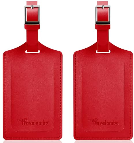 Travelambo Luggage Tags for Suitcases Faux Leather Privacy Protection 2 Pack Bag Tags Travel Accessories Essential, Deep Red