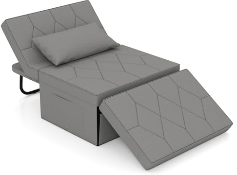 Multigot Convertible Sofa Bed, 4-in-1 Padded Lounge Sofa with Retractable Legs, 6 Position Adjustable Backrest & Soft Pillow, Upholstered Recliner Sofa for Living Room (Linen Type Fabric, Grey)