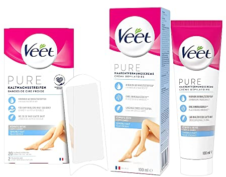 Veet Kaltwachsstreifen 10 x Doppelstreifen - Haarentfernungs-Creme 100 ml für sensible Haut