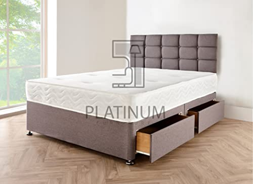 4FT Small Double Grey Linen Look Divan Bed with Spring Memory Foam Mattress 10, Cubic Headboard 20 and 2 free Storage drawers (Small Double L= 190 cm x W= 120 cm)