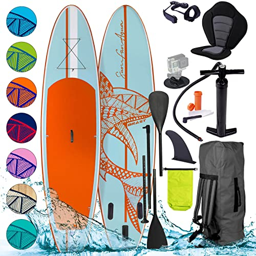 BRAST® SUP Board Shark | Aufblasbares Stand up Paddle Set | 320x81x15cm | 8 Designs | 5 Jahre Garantie | inkl. Sonderzubehör | 2in1 Paddel Kajak-Sitz Action-Cam-Halterung Fußschlaufe Pumpe Rucksack