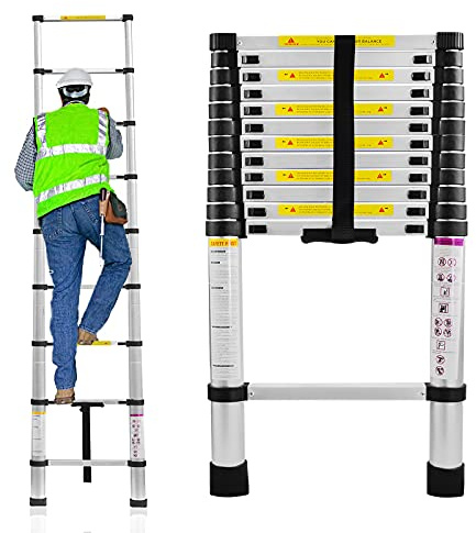 YRHome 3,8m Teleskopleiter Alu Mehrzweckleiter Multifunktionsleiter Rutschfester Anlegeleiter Stehleiter Klappleiter Leiter 150 kg Belastbarkeit 13 Sprossen Silber