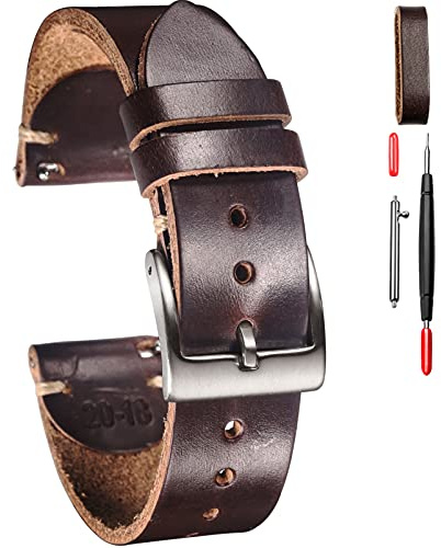 Hemsut Klockarmband i Läder för Män - Horween-Läder, Snabblåsning för Klockbyte, Vintage, 18/20/22 mm, 19MM