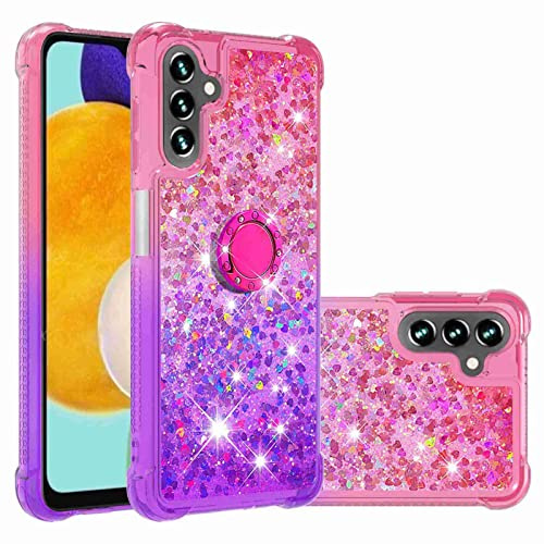 Reevermap Samsung Galaxy A04S Phone Case with Ring Holder Kickstand, Clear Glitter Liquid Floating Silicone Case Sparkle 360 Degree Rotating Ring Grip Case Cover for Girls Women, Pink & Purple