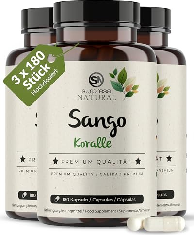 Surpresa Natural Sango-Meereskoralle-Kapseln I 3 x 180 Stück I Natürliches Supplement mit 3300mg Sango-Koralle-Pulver, 660mg Calcium & 330mg Magnesium I Vorrat für 6 Monate I hochdosiert & vegan