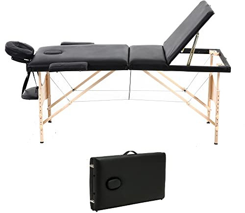ANSIMIDA Massageliege Klappbar Massagetisch Kosmetikliege Behandlungsliege Massage Table Komfort mit 3 Zonen höhenverstellbaren Holz-Füßen und Premium-PU-Leder mit Tragetasche Schwarz