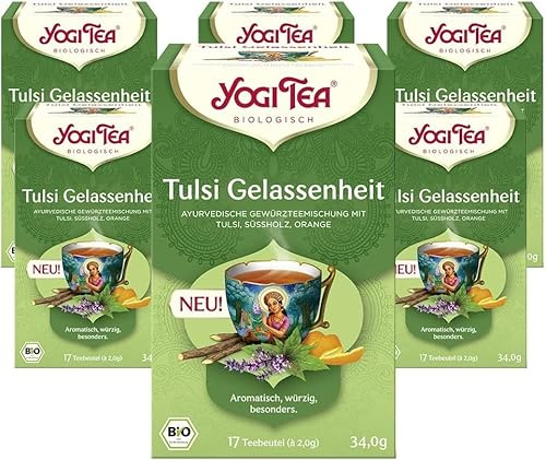 Yogi Tea Tulsi Gelassenheit, 6x17 Beutel (102 Teebeutel) | Ayurvedischer Bio Kräutertee, von Natur aus koffeinfrei, Mischung aus Tulsi, heiligem Basilikum, Süssholz und Orange