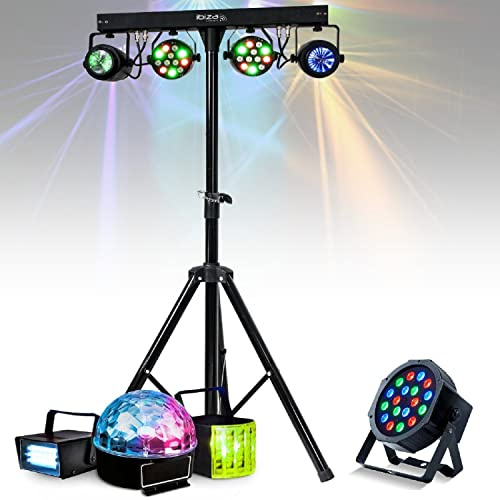 IBIZA SOUND LIGHT - Pack 8 Jeux de Lumière DJLIGHT60 - Projecteurs - Moonflower - Strobo - Astro - Derby - Pied Support - Soirée - DJ Mobile