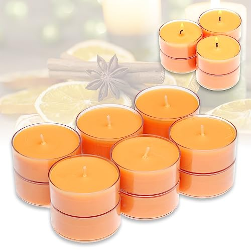 Candelo Juego de 12 velas aromáticas XXL – Velas perfumadas – Velas de té grandes en funda de plástico – 8 horas de combustión – Velas grandes en naranja