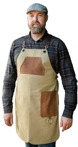Angus Stoke Grillschürze aus hochwertigem Canvas & Echtleder – variable Kochschürze mit hochwertigen Leder-Riemen – Schürze für Küche, BBQ & Barista - Simon (XXL/XXXL)
