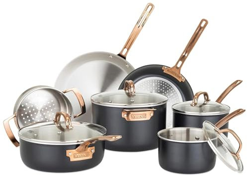 Viking 3 Ply Pots and Pans Set, 11 Piece Stainless Steel Kitchen Cookware with Glass Lids, Black with Copper