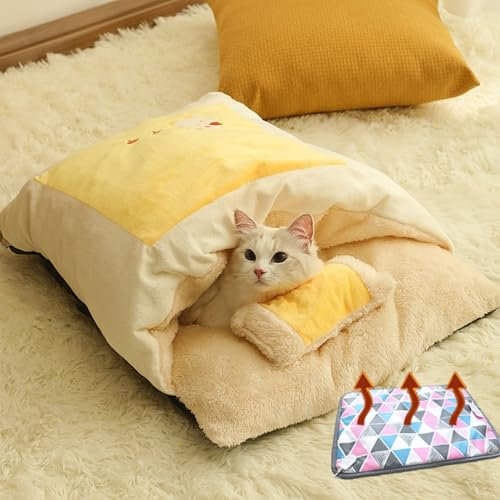 Beheiztes Katzenhaus Beheiztes Katzenbett mit Süßem Entenmuster, Elektrisch Beheiztes Haustier Thermokissen in Beige und Gelb mit Waschbarem Bezug, Unterschlupf für Kätzchen/Welpen (Color : S)