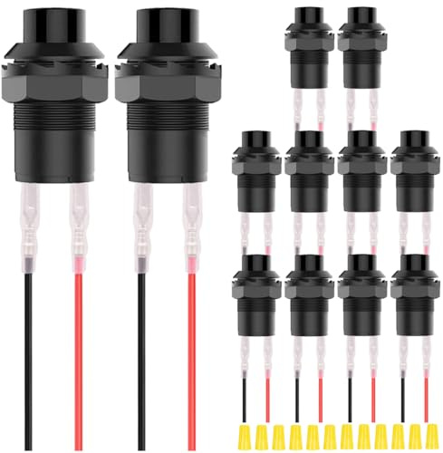MKBKLLJY 12St. 12mm Schwarzer Runder Mini Druckknopfschalter AC 250V 1.5A 125V 3A Ein Aus 2Pin Selbstsichernder Mikroschalter 12V mit Anschlussdrähten&Verschlusskappe für Auto Boot PC,Tischlampe