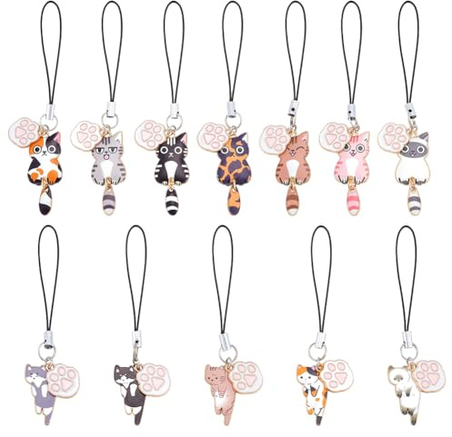 GOMAKERER 12pz 12 stili ciondoli del telefono del gatto, smalto lega stringa smalto ciondoli del telefono Cartoon Cat Phone Paw Case accessori portachiavi del telefono cellulare per la decorazione