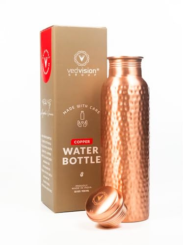 VedVision Hammered Copper Water Bottle, Handcrafted, 32 oz