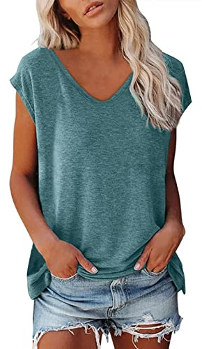 Femme T-Shirt Débardeur Col en V Eté Décontracté Tee Shirt Femme Coton Unie T Shirts Hauts Tuniques De Base D'été Lâches