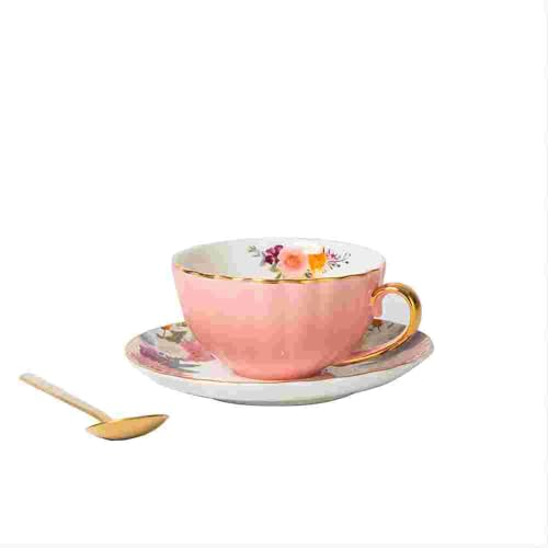 Set di tazze da tè e piattino, tazza da caffè floreale da 226,8 g, con bordo dorato e cucchiaio, in porcellana, tazza da caffè inglese, per bevande speciali di caffè, latte, caffè, moka, tè (rosa)