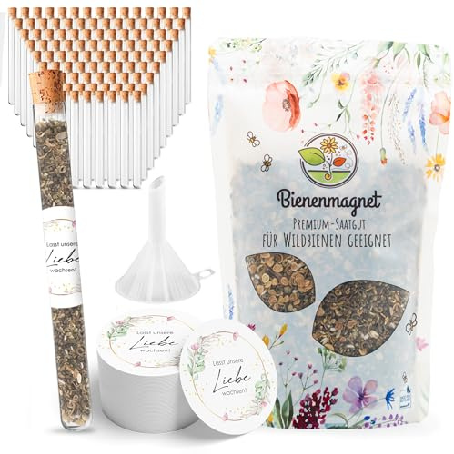 Reagenzgläser mit Blumensamen als Gastgeschenke zur Hochzeit - Besonderes Hochzeitsgeschenk für Gäste als Give Away - Lasst unsere Liebe wachsen Komplett-Set (100er Set)