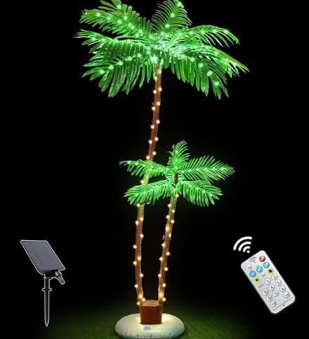 Lynxor Solar-Powered Lighted Palm Trees 6FT Two-Tree, Adjustable LED Palm Trees for Outdoor Patio, 19 Lighting Modes, Waterproof Metal Trunk with Heavy Base, Perfect for Party Decor