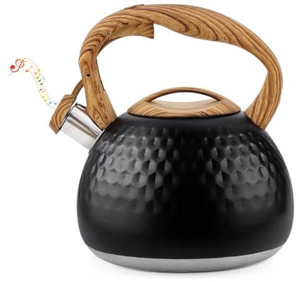 KunpengZen Stove Top Whistling Kettle - 2.6L Stainless Steel Gas Kettle with Whistle Fast Boil, Kettle for Gas Hob Wood Grain Handle, Suitable for All Hob Types Gas Stove & Induction Cooker (Black)