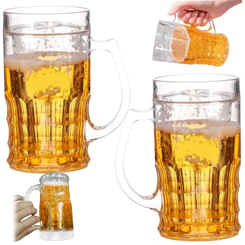 NASSMOSSE 2Pcs Fake Beer Mug, 450ml Double Layer Funny Beer Mug PS Plastic Fake Double Beer Mugs with Handles Mezzanine Model Beer Stein for Bar Beverages, Prank