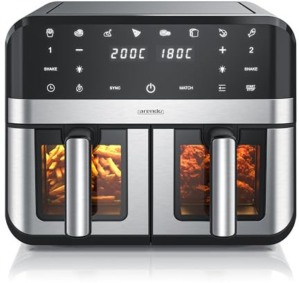 Arendo - Dual Zone Heißluftfritteuse 9L - mit 2 Kamern - XXL Kapazität – 2400 W – Sichtfenster Beleuchtung - 8in1 Airfryer - 8 Programme – Touchscreen - 3D Umluftsystem - fettarmes gesundes Kochen