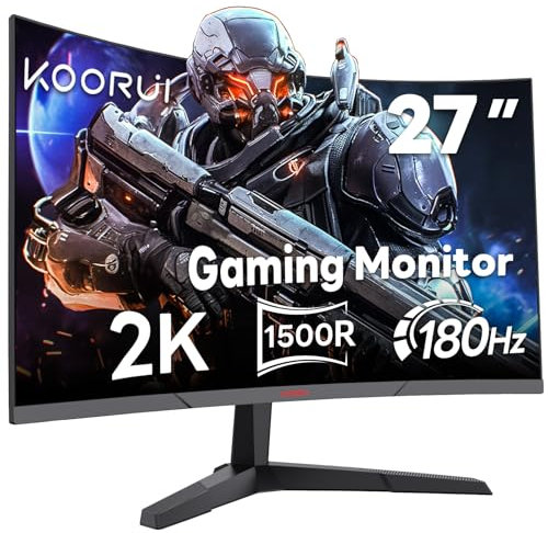 KOORUI 27 Inch QHD Gaming Monitor, 180Hz 1ms Curved VA Panel (1500R), Monitor with Adaptive-Sync, 1440p PC Screen, HDMI/DP, VESA Compatible, Tilt Adjustable, Eye Care