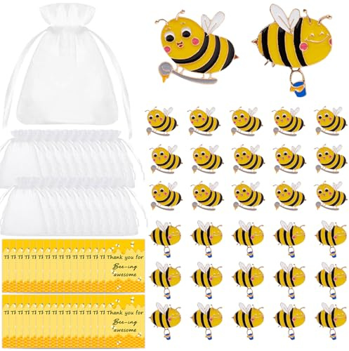 30 Sets Employee Appreciation Gift Bee Pins Bulk Bee Brooches Party Lapel Pin Bee Badge Organza Bag Cards Thank You Gift for Coworkers Volunteer Teacher Pins Bee Lovers Bee Day