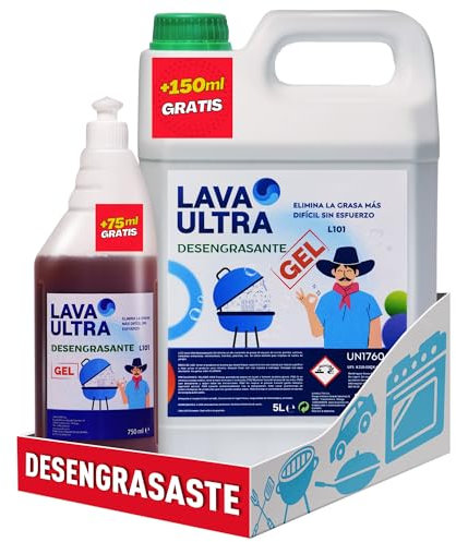 Desengrasante Consentrdo Gel Industrial 5L y 750 ml.- Quitagrasas y Quita Suciedad Multiusos para Cocina, Barbacoa, Coche,Talleres, Embarcaciones y Más, Suelos Industriales.