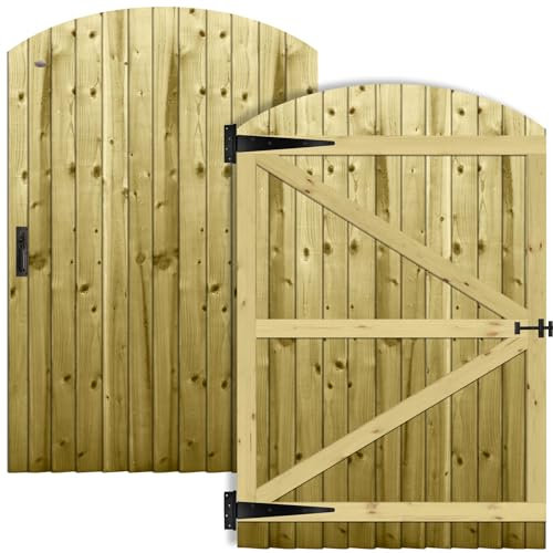 Arch Top Wooden Garden Gate 6x4ft - Feather Edge Fully Framed Treated Timber Door + Suffolk Latch Hinge Pack, H:6ft x W:4ft Ideal for Outdoor Pathway Home Access (High: 180cm x Wide: 120cm)