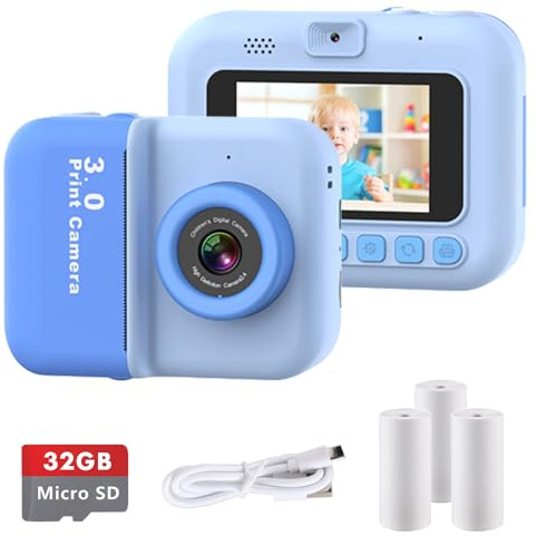 IXROAD Kids Camera Instant Print, 48MP Digital Camera for Girls Boys, Blue, Compact, Instant Printing, 3 Screen, 32GB Card, Printing Paper, Color Pen