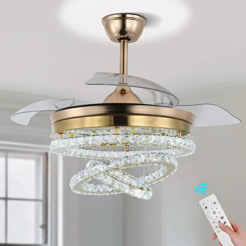 LED Kristall Deckenventilator mit Licht & Fernbedienung – 42″ (≈107 cm) Golder Kronleuchter Ventilator, 6 Geschwindigkeiten, dimmbar, Timer, leise, umkehrbar – für Schlafzimmer & Wohnzimmer