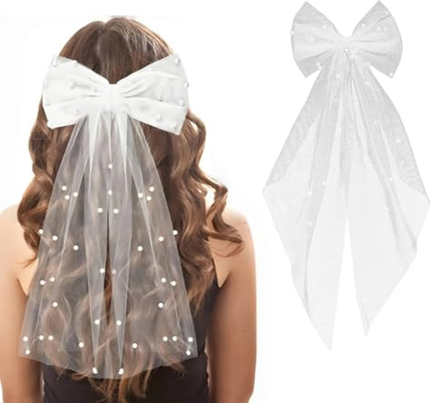 ZORVUJI JGA Schleier Braut Haarschmuck Hochzeit, Weißer Brautschleier mit Perlen, Kurzer Schleier für Damen und Mädchen, Haarschleife für Bachelorette Party und Hochzeitsdeko