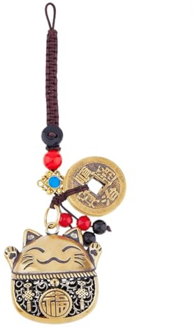 GONZTEL 1 pièce Clés Maneki Neko Porte, Porte Bonheur, Bonheur à Suspendre en Forme de Chat Porte Bonheur Chinois Porte clé Chat Avec Cinq Empereurs Argent Feng Shui