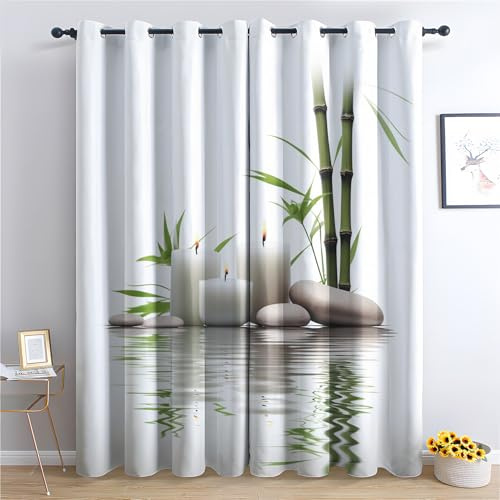 QEODAH Zen Vorhänge Zen Garten Spa Japanische Meditation Verdunklungsvorhänge, Vorhang Blickdicht Gardinen mit Ösen, Schlafzimmer Wohnzimmer Kinderzimmer Deko, Thermovorhang 2er Set H 137 x B 117 cm