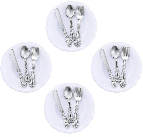 Set di 4 piatti in miniatura a tema cucina e sala da pranzo, piatti, cucchiai, coltello e forchetta, stoviglie realistiche in porcellana per casa delle bambole, accessori per cena in miniatura