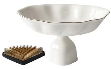CFY652 Sottovaso Piattino alto for composizioni floreali con bordo dorato e Kenzan a settori for scrivania, ufficio casa Decorativo