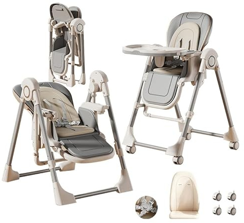 Aveainelle Plegable Cuero PU Tronas de BeBe con Función de Columpio - 6 Alturas, 3 Reclinaciones, Silla Convertible con 2 Bandejas y Ruedas, Trona Evolutiva con Cesta de Almacenamiento (Gris)