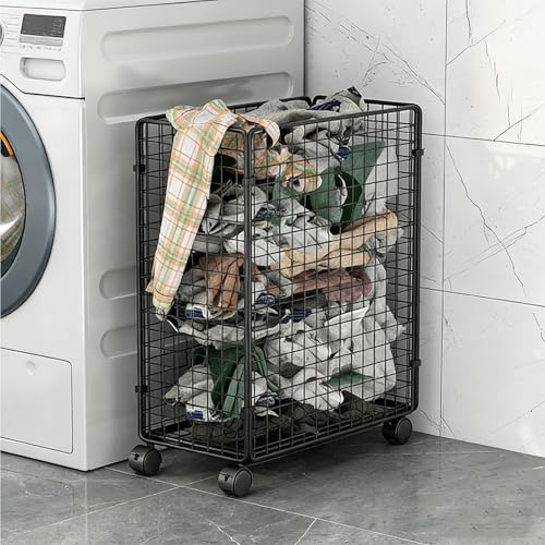 Cesto Portabiancheria In Metallo Con Ruote, Carrello Portabiancheria Mobile, Design A Griglia Traforata E Struttura Piatta, Cestino Pieghevole Per Vestiti Sporchi(Black)