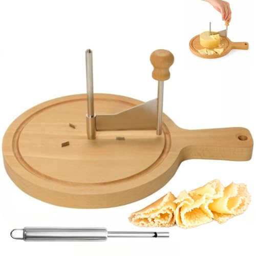 Cheese Curler Wheel with Ergonomic Wooden Handle – 7.1 in Stainless Steel Spiral Curler for Tete de Moine Cheese & Chocolate, Non-Slip Solid Wooden Base