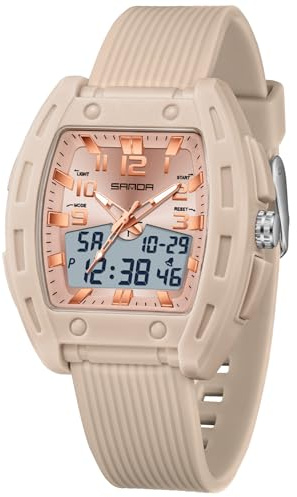 TICKEEN Montres pour femme - Unique - Rectangulaire - Pour femme - Montre de sport numérique analogique avec alarme - Chronomètre - Étanche - Signal horaire - Éclairage 12/24 h - Montre multifonction