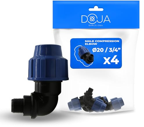DOJA Barcelona Codo Compresion Macho PP 90º - Pack 4-20x3/4 - Unión Tubería Polietileno MDPE, Conector Roscado Estanco, Fácil Instalación, Resistente, Ideal Riego Jardín y Sistemas Agua