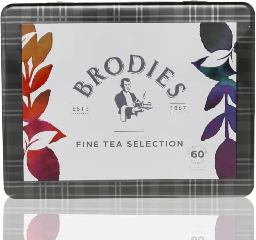 Brodies Fine Tea Selection Box - Gift Tin of a variety of 60 tea bags individually wrapped - containing Breakfast, Earl Grey, Afternoon, Darjeeling Camomile and Green tag and envelope teas.